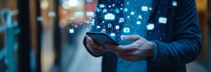 Person using phone with social media icons overlaid, city background