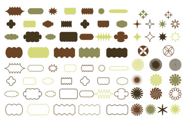 Minimalistic brutal shape sticker set. Vector geometric star shaped icons. Circles and rectangles with wavy zigzag edges.