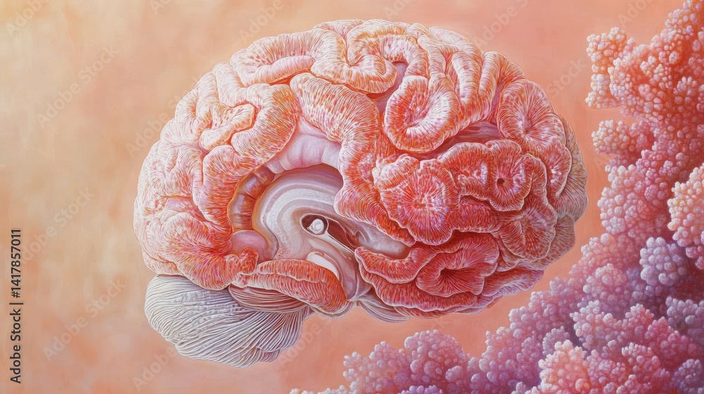 Poster detailed 3d rendering of a human brain, showcasing its intricate structure and complexity, set again