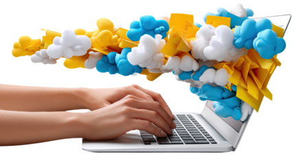 Cloud of Digital Ideas: A creative concept showcases an individual's hands typing on a laptop, with a vibrant cloud of colorful, symbolic imagery bursting forth.