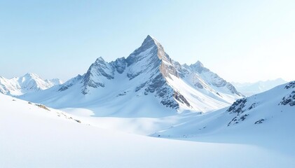 Fototapeta premium Snow-covered mountain peak, stark white landscape, alpine, high key