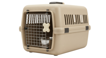 Isolated Pet Carrier Crate with Metal Door and Bone Toy