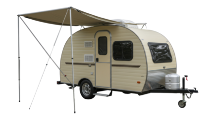 Isolated Teardrop Camper Trailer with Awning and Accessories