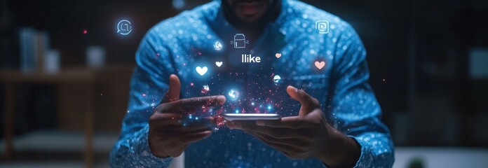 Man interacting with glowing social media icons on phone in dark room