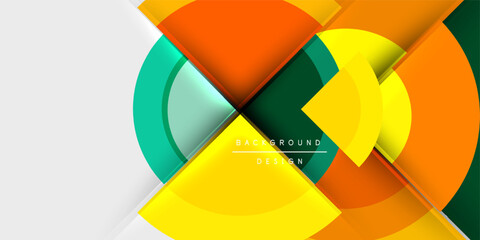 Abstract geometric design. Overlapping circles, squares create dynamic composition. Bright colors contrast with white space. Modern aesthetic.