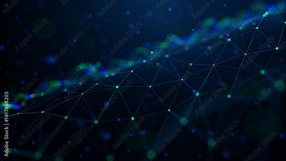 Poster Abstract digital connection dots. Technology background. Network connection structure. 3d rendering. widescreen. Futuristic data visualization, communication grid, and virtual network mesh pattern.