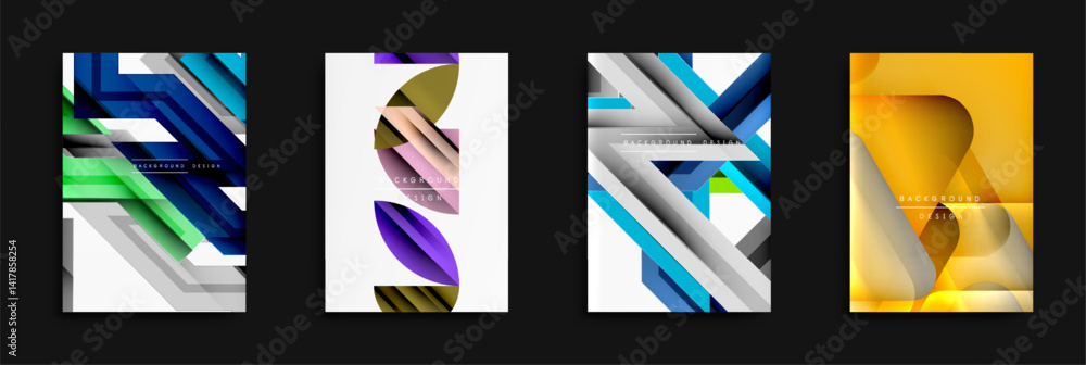 Poster Abstract geometric designs. Colorful shapes overlap, creating modern backgrounds. Bright gradients, dynamic compositions.