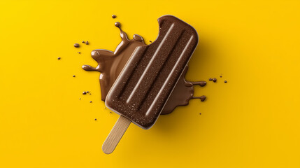 A delightful chocolate popsicle, melting on a sunny yellow background, a sweet summer treat enjoyed on a hot day with a vibrant splash of chocolate.