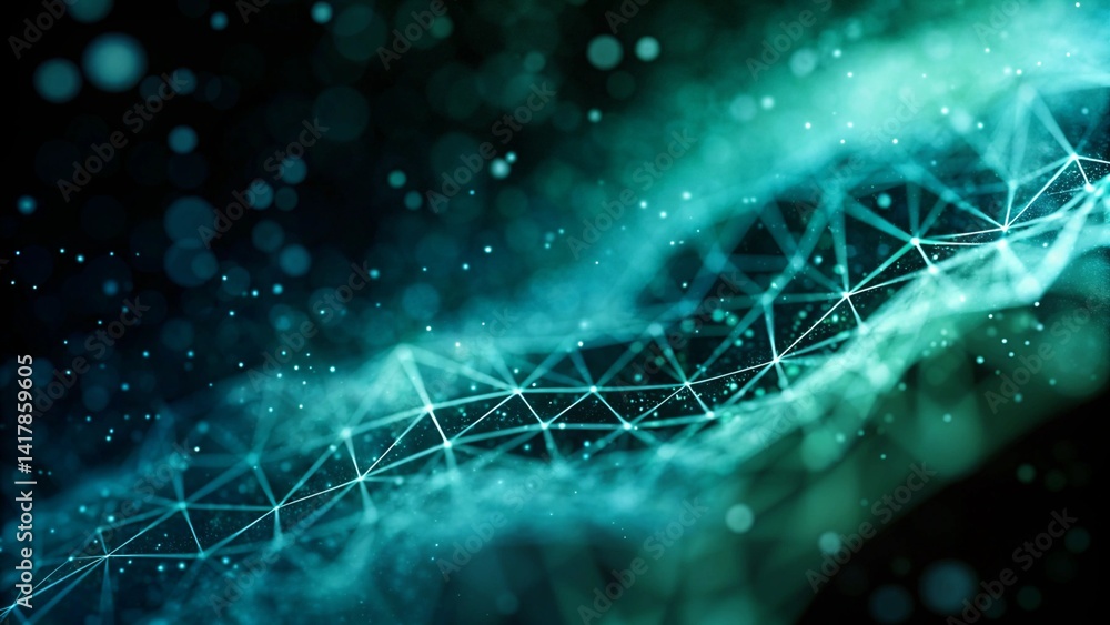 Poster Abstract digital network background banner with glowing light and connecting data dots in blue and green colors. Big data technology concept, futuristic, innovation, cyber, virtual grid