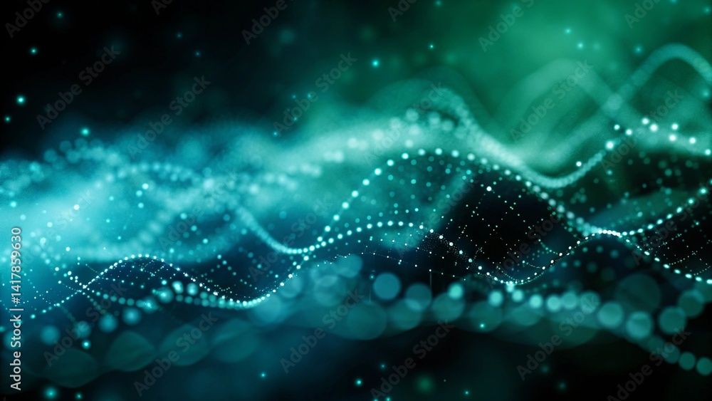 Poster Abstract digital network background banner with glowing light and connecting data dots in blue and green colors. Big data technology concept, futuristic, innovation, cyber, virtual grid