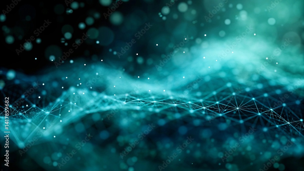 Poster Abstract digital network background banner with glowing light and connecting data dots in blue and green colors. Big data technology concept, futuristic, innovation, cyber, virtual grid