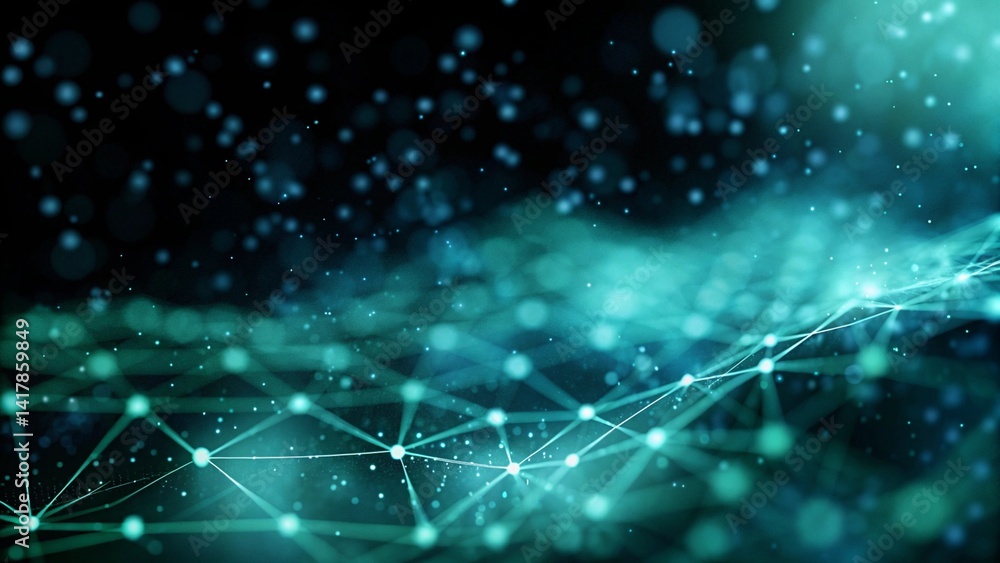 Poster Abstract digital network background banner with glowing light and connecting data dots in blue and green colors. Big data technology concept, futuristic, innovation, cyber, virtual grid