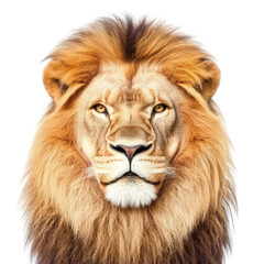 Fototapeta premium Close-up of a majestic lion with a full golden mane and intense amber eyes looking directly at the camera on a plain white background