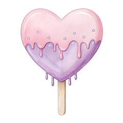 Ice cream watercolor concept, Heart-shaped lollipop with pink and purple dripping icing.