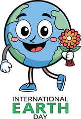 Cute Earth in sneakers with flower—fun and eco-friendly., Earth Day vector illustration for posters, banners, prints, and web in a modern cartoon flat style.