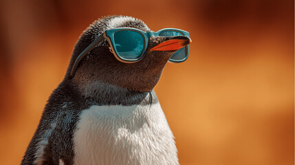 Close-up of penguin wearing sunglasses against orange background, showcasing a humorous and stylish concept, ideal for branding or social media