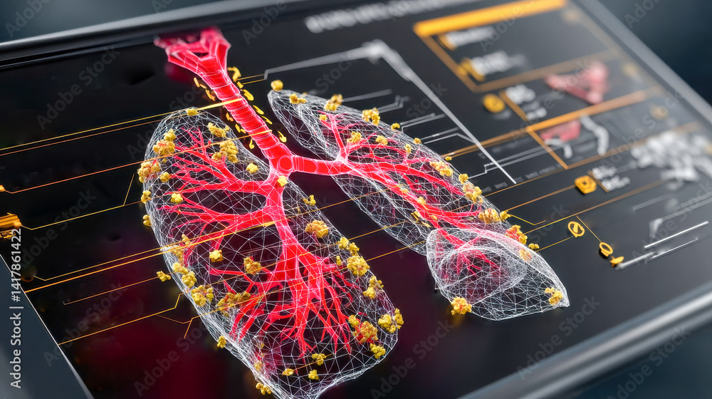 Poster high-tech medical interface showing detailed 3d scan of lungs with highlighted airways and biologica