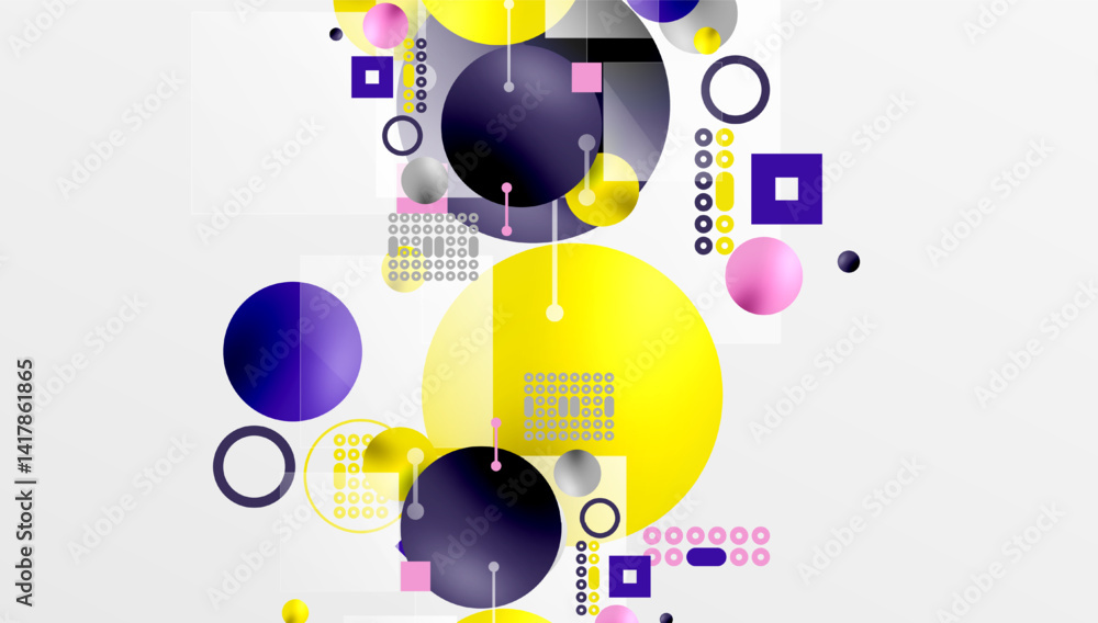 Poster Abstract composition. Circles, squares, dots create dynamic visual pattern. Yellow, purple, white dominate design. Modern aesthetic.
