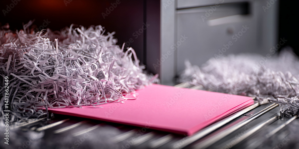 Aufkleber pink paper sheet on a shredder, surrounded by shredded grey paper, showcasing a concept of data secu