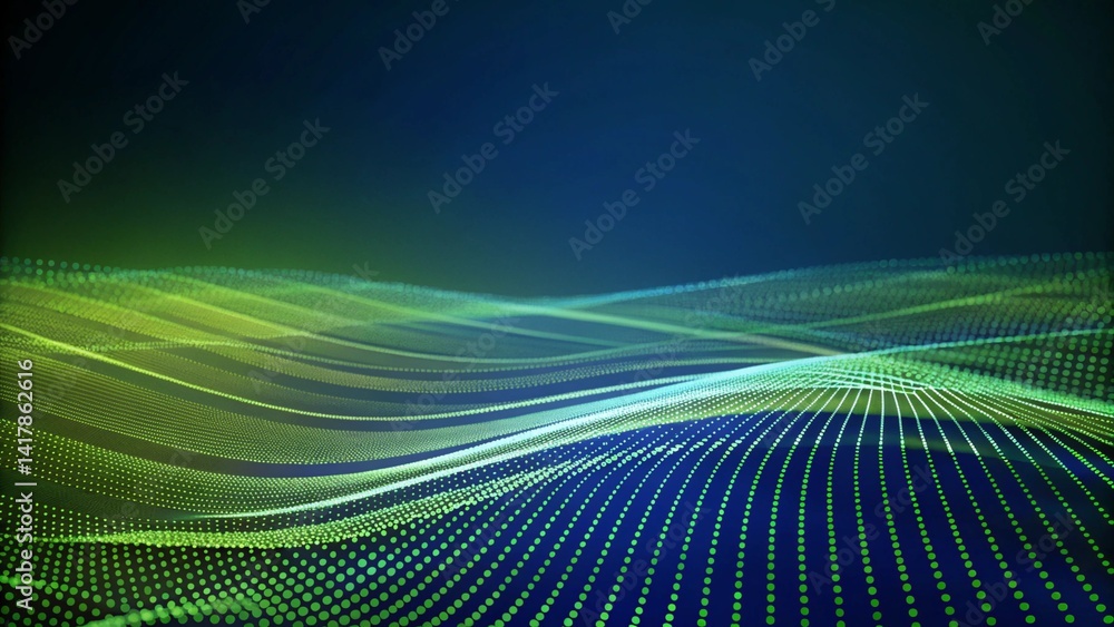 Poster Abstract green and blue particles background. Flow wave with dot landscape. Digital data structure. Future mesh or sound grid. Pattern point visualization. Futuristic dynamic connection network