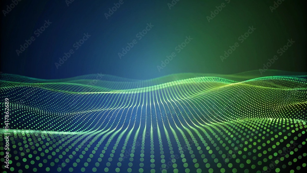 Poster Abstract green and blue particles background. Flow wave with dot landscape. Digital data structure. Future mesh or sound grid. Pattern point visualization. Futuristic dynamic connection network