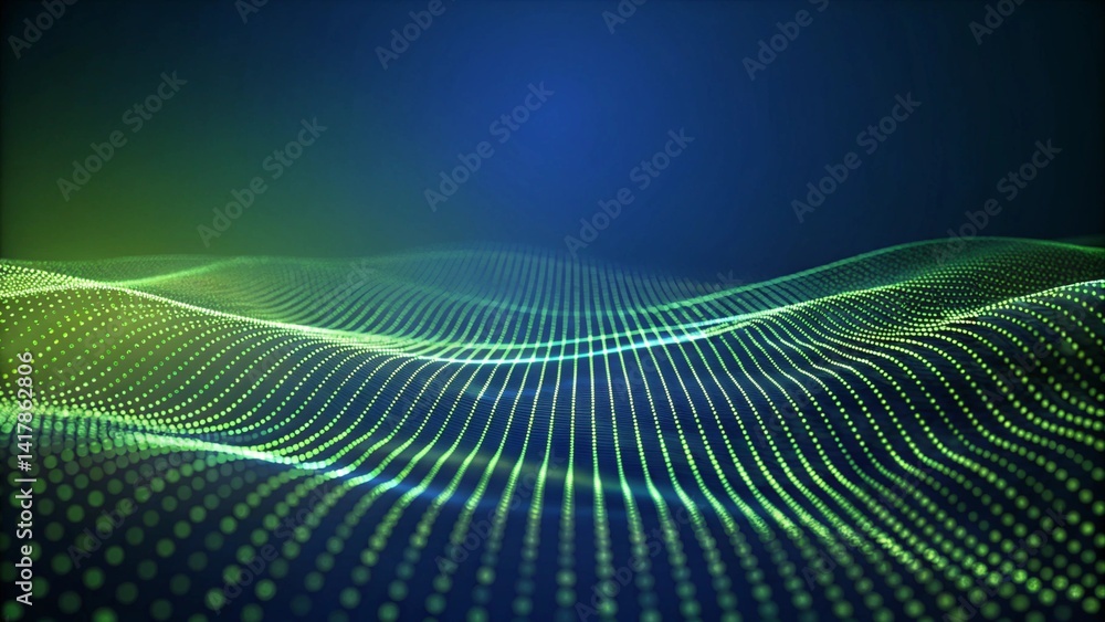 Poster Abstract green and blue particles background. Flow wave with dot landscape. Digital data structure. Future mesh or sound grid. Pattern point visualization. Futuristic dynamic connection network