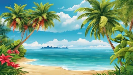 Fototapeta premium Aerial view of a tropical beach with soft golden sand meeting a clear turquoise sea.