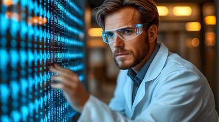 Scientist analyzing binary code on futuristic touchscreen in high-tech laboratory