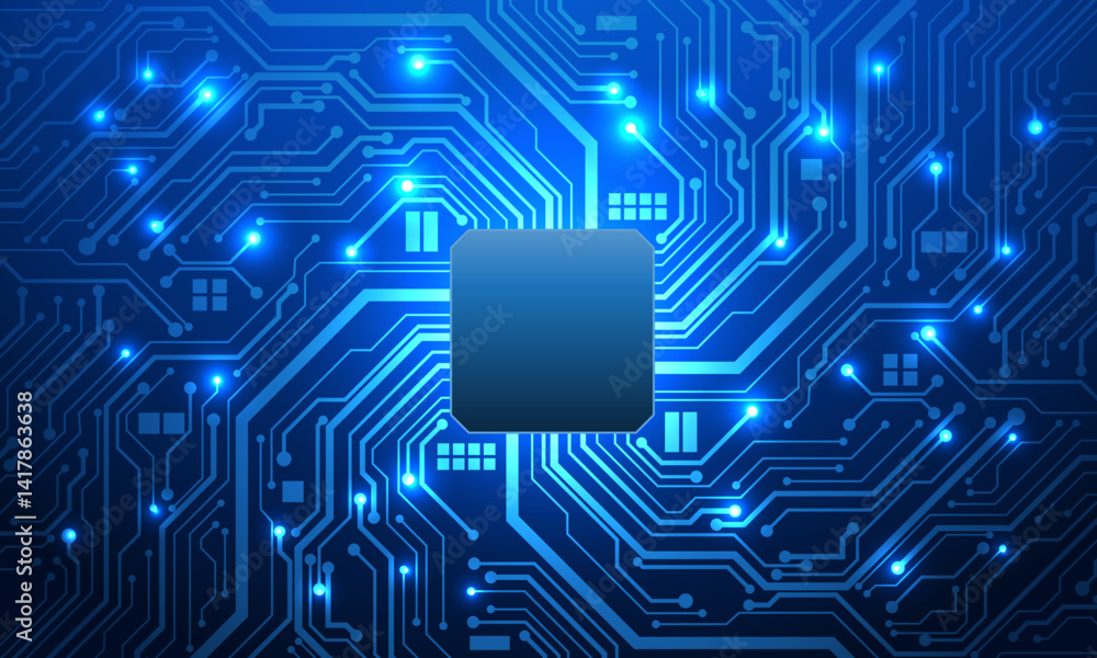 Poster Abstract blue circuit board technology connected lines electronics elements computer motherboard chip processor semiconductor digital background vector