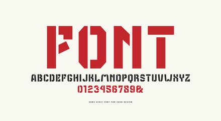 Stencil-plate sans serif font in the military style. Letters and numbers for logo and emblem design. Color print on white background