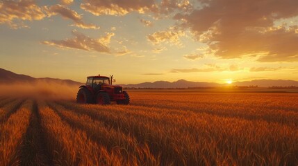 Naklejka premium Red tractor plowing field at golden sunset