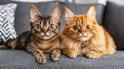 Two cute cats looking at camera while relaxing together on a gray sofa