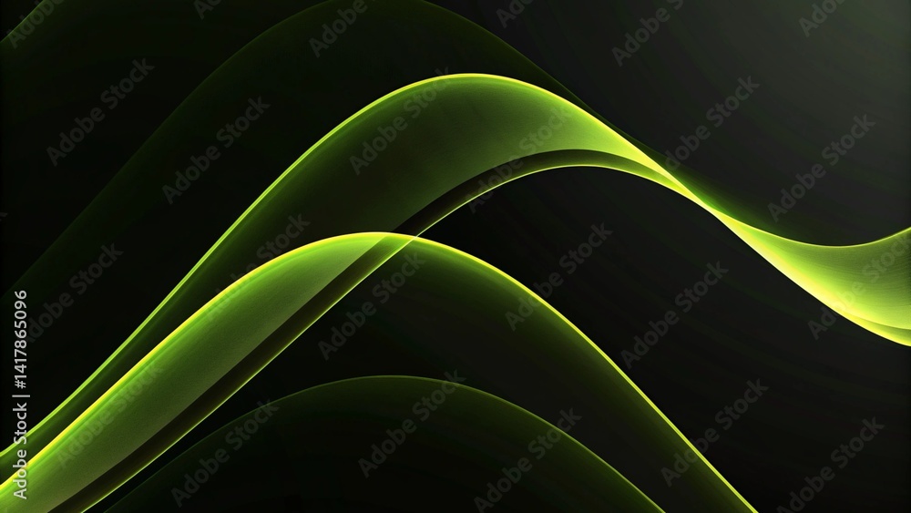 Poster abstract green wave on black background, digital swirl pattern, futuristic flowing lines, modern ene