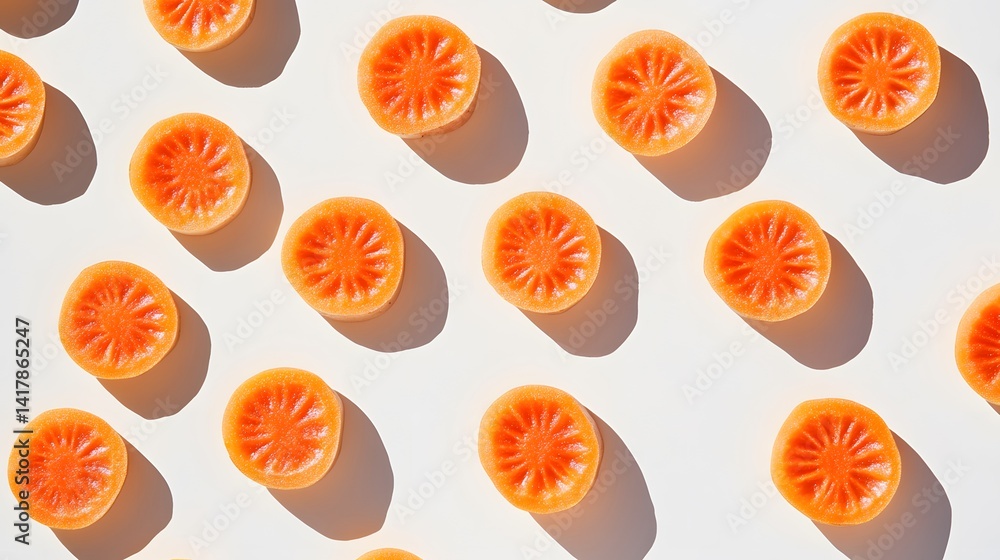 Aufkleber a vibrant flat lay showcasing a pattern of perfectly sliced orange carrots against a bright white ba