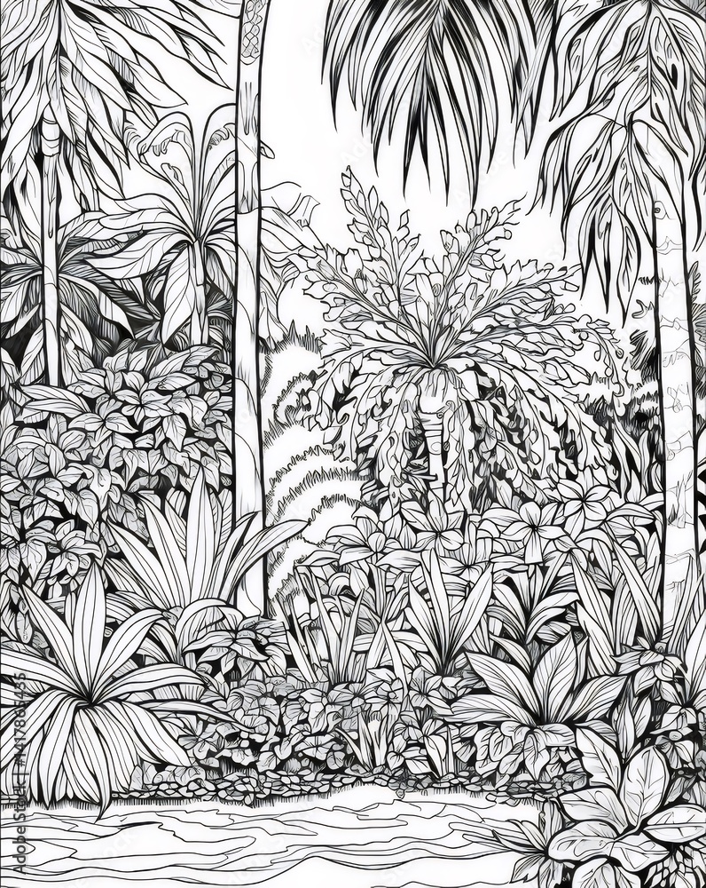 Poster モノクロのジャングル風景 深い森の植物描写 光と影のコントラスト 自然のイラスト