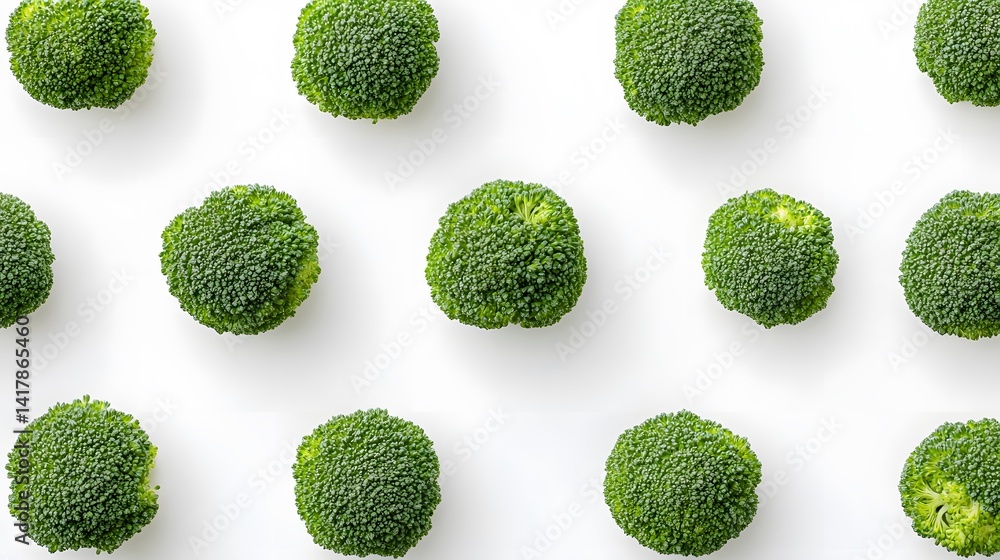 Poster overhead shot of fresh broccoli florets arranged in a repeating pattern on a white background. perfe