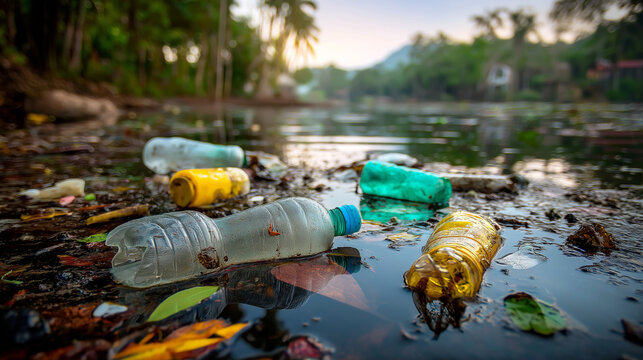 Plastic bottles litter a tranquil riverbank, a stark reminder of pollution's devastating impact on our natural world, under the soft golden light of the setting sun.