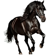 Obraz premium Stunning black horse with flowing mane in motion showing elegance grace strength and beauty against a plain background for equestrian sport or wellness themes