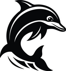 Dolphin silhouette, Silhouette of a dolphin isolated on a white background, Black dolphin illustration in a simple design 