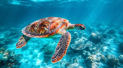 Fototapeta premium Underwater sea turtle swimming near coral reef.