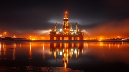 Naklejka premium Arctic Oil Rig at Night, Frozen Water Reflection, City Lights in Background