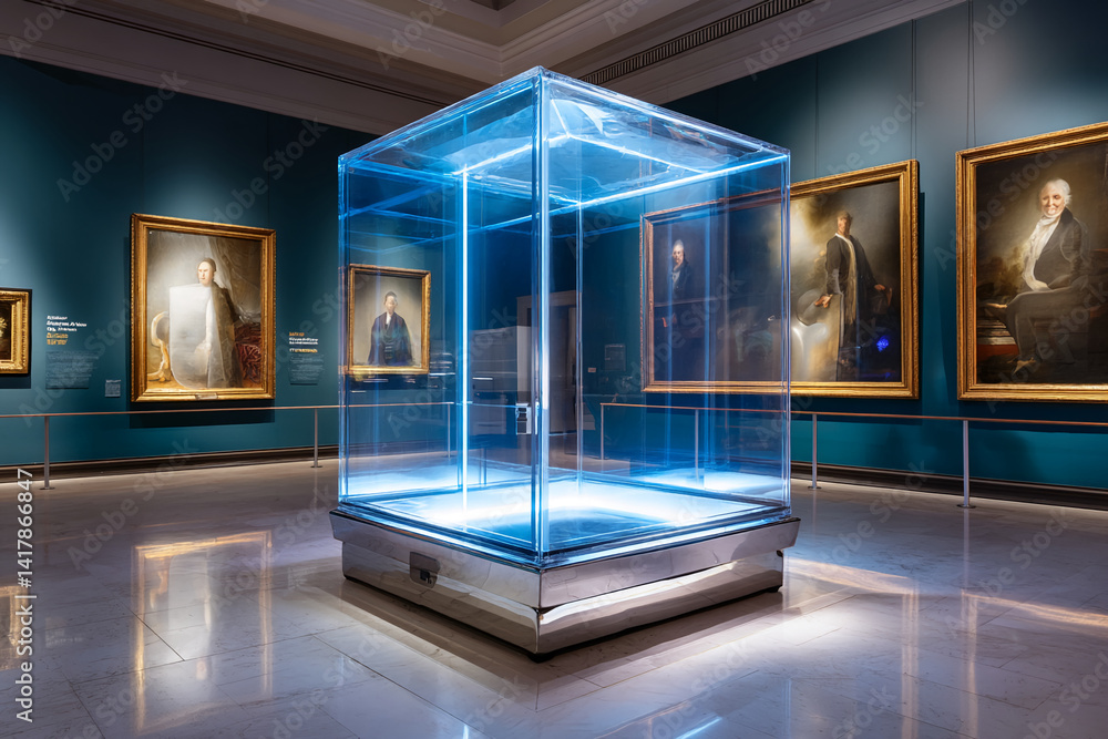 Poster empty illuminated glass showcase in art gallery, surrounded by classical portraits, creates a sense 