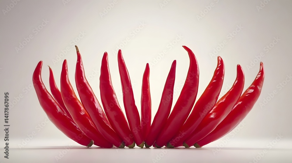 Poster vibrant red chili peppers arranged in a circular pattern, creating a visually striking image. the pe