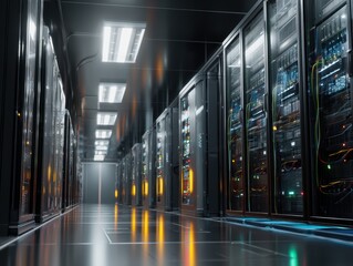 Data Center Interior with Rows of Server Racks Powerful Computing Infrastructure Digital Innovation