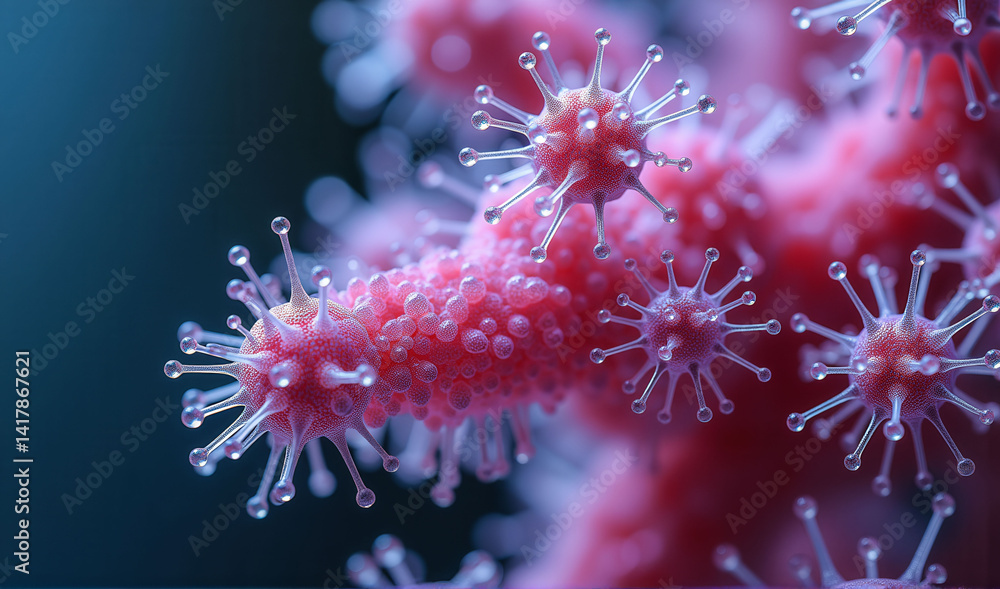 Poster a close up of a pinkish red object with many small dots on it. the object is a virus