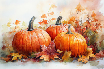 Naklejka premium Watercolor painting of pumpkins on a wooden table with vibrant shades and intricate details capturing the essence of fall harvest.