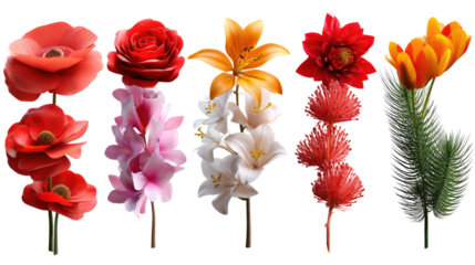 Collection of Artificial Flowers: A vibrant collection of artificial flowers in various colors and types, including poppies, roses, lilies, dahlias, and tulips, arranged against a white background.  