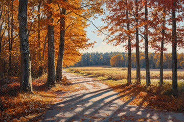 Obraz premium A path winds through a dense forest, sunlight filtering through the canopy, casting dappled shadows on the ground. Trees line the way, leaves rustling in the gentle breeze.