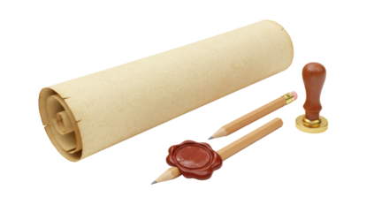 Isolated Vintage Scroll with Wax Seal, Pencils, and Stamp