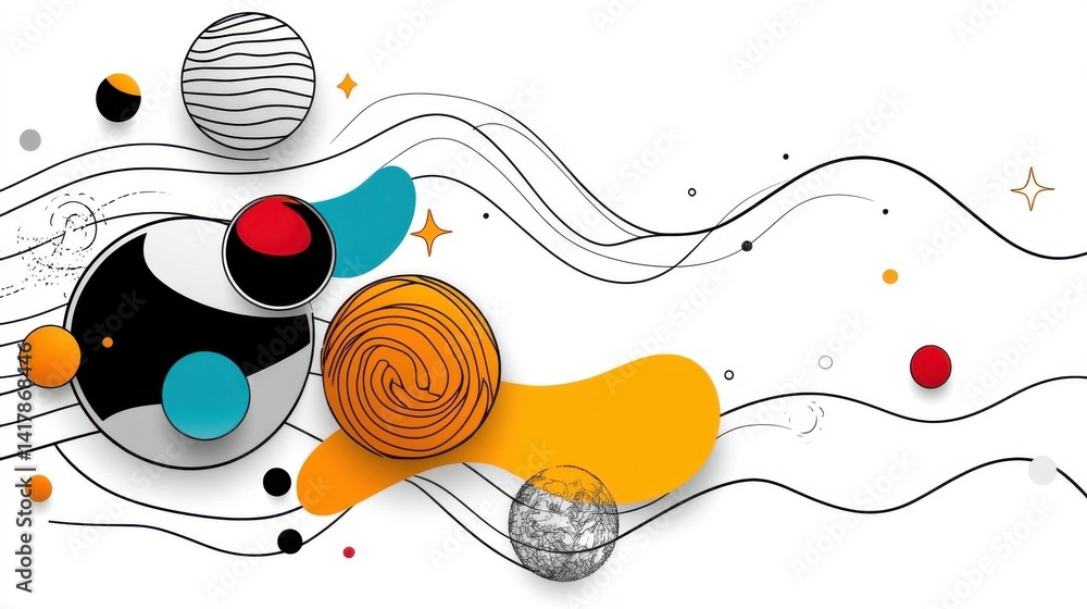 Poster abstract modern art composition with vibrant shapes flowing lines and textured elements in a lively 